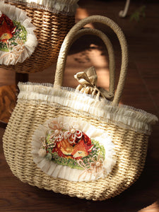 Cottagecore Deer Embroidery Straw Bag