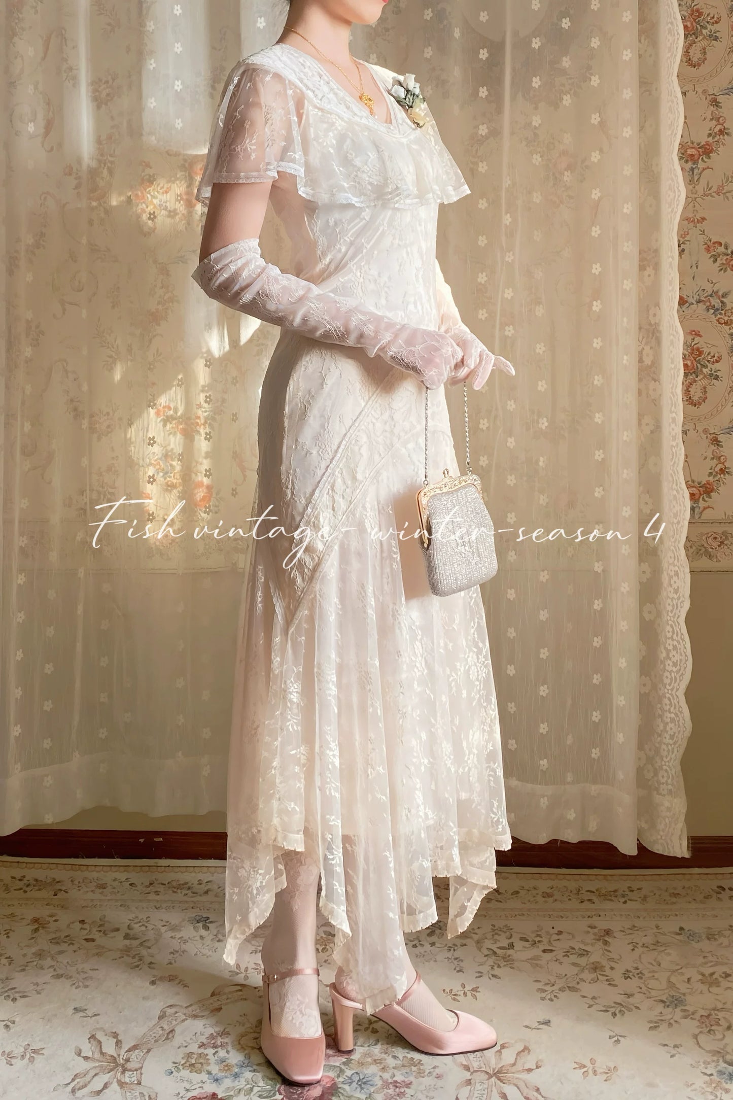 1920S Gatsby Style Lace Cape Dress