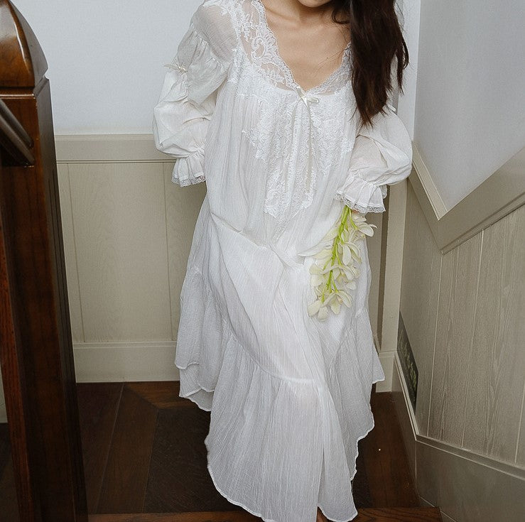 Royalcore Vintage Style Cotton Night Gown Cotton Dress White I Retro Fairy Royalcore Vintage Style Cotton Night Gown Cotton Dress White I Retro Fairy