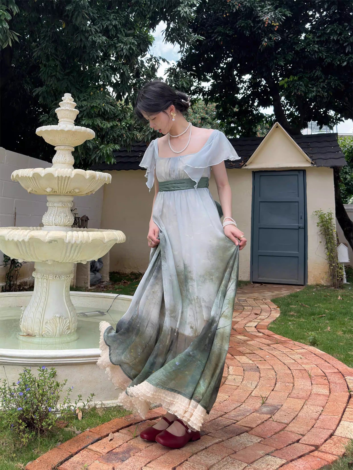 Regency Style Oil Painting Print Dress