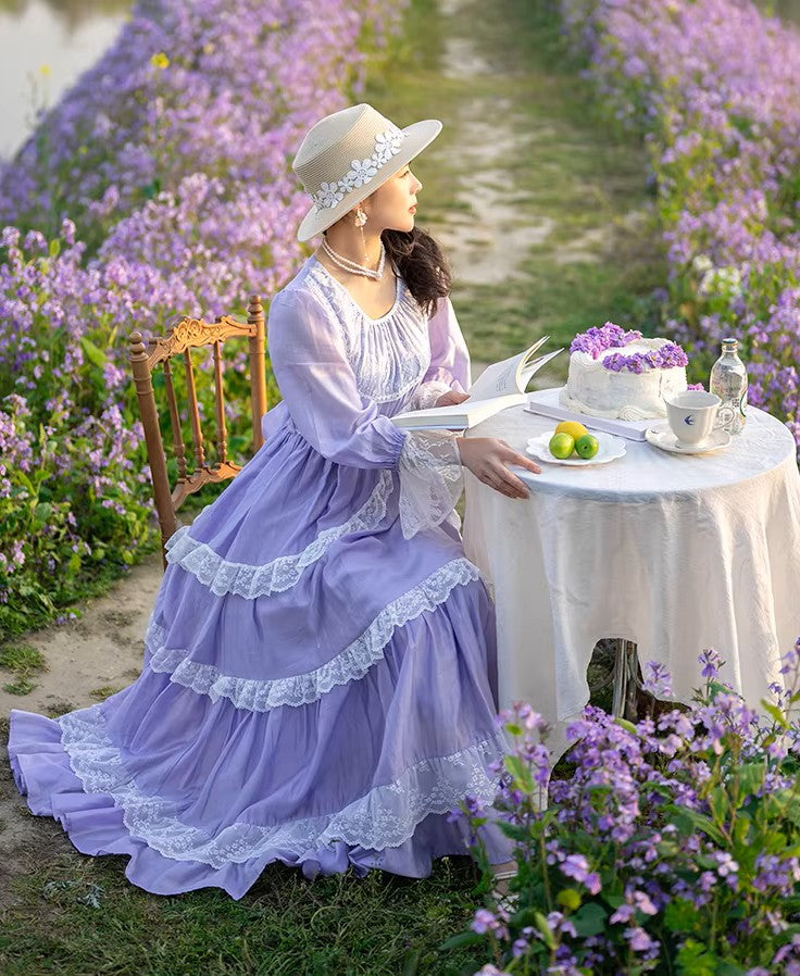 GUNNE SAX ヴィンテージ ワンピース　小花柄　グレイッシュパープル Gunne Sax Style Violet Lace Patchwork Swing Dress – Retro Fairy