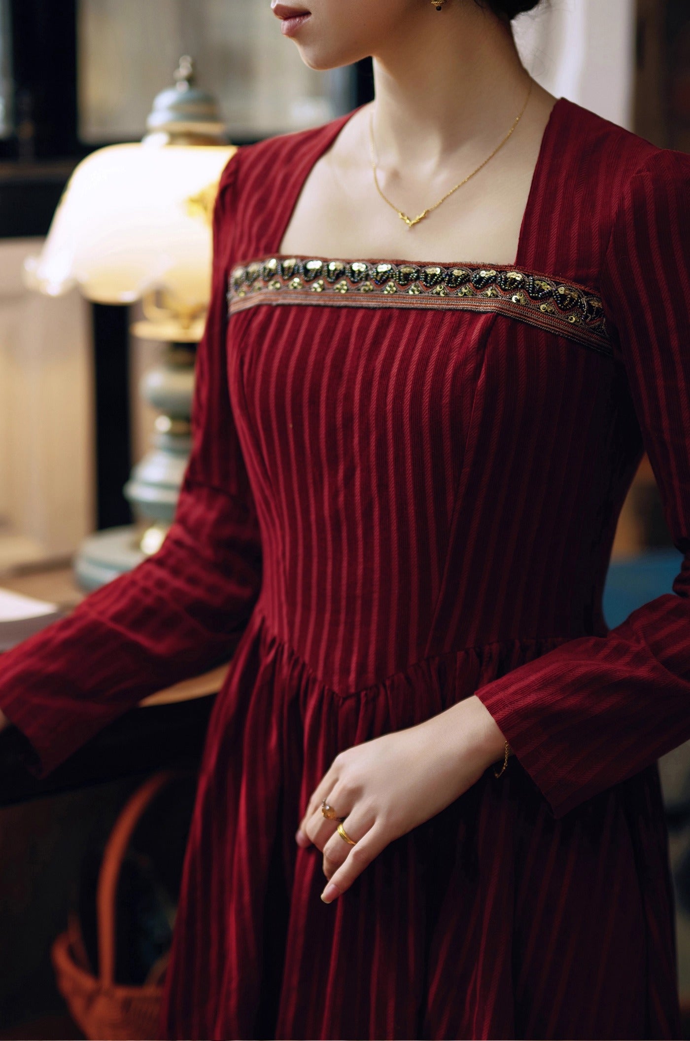 Retro Court Square neck beaded corduroy Dress