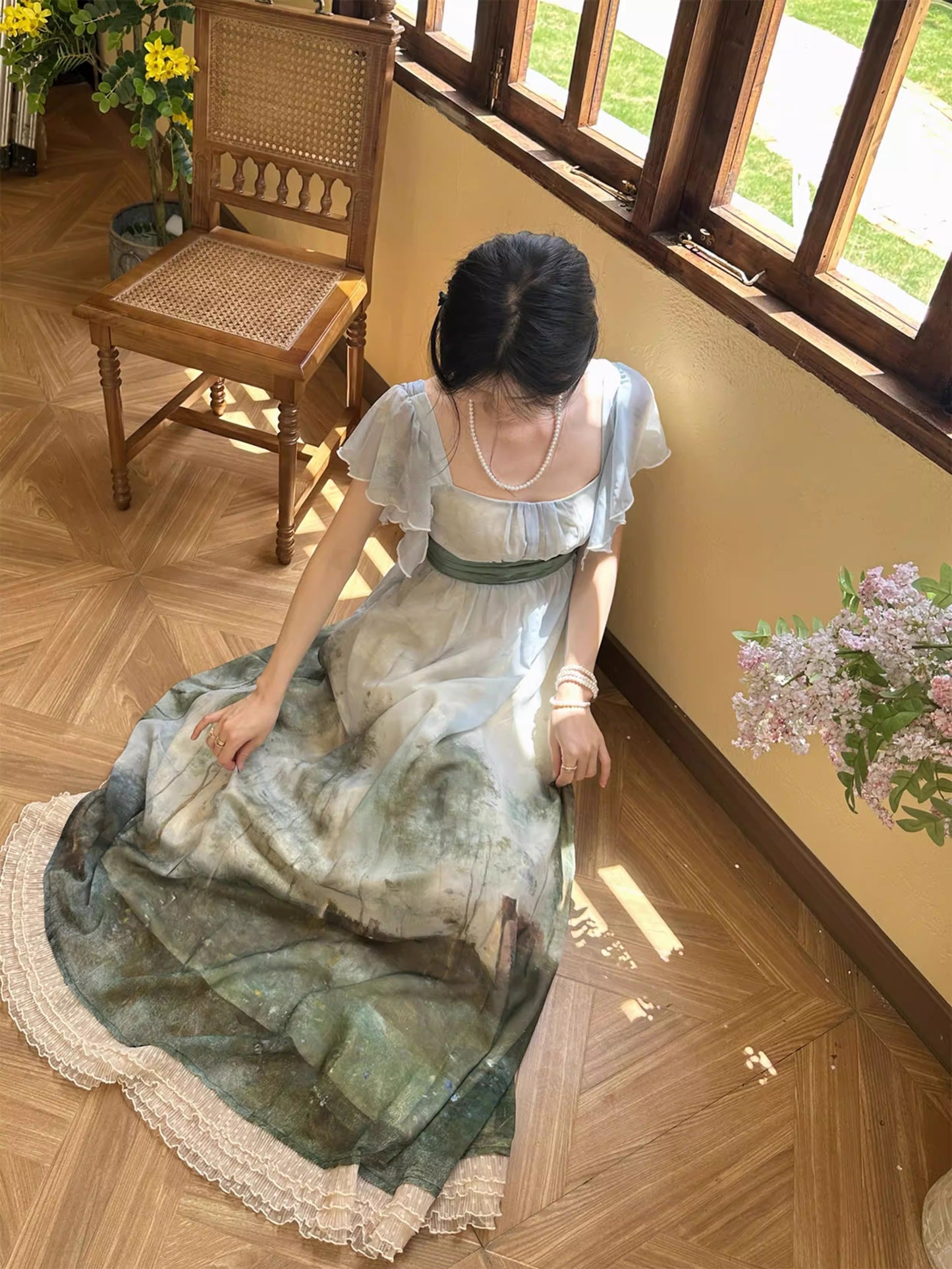 Regency Style Oil Painting Print Dress