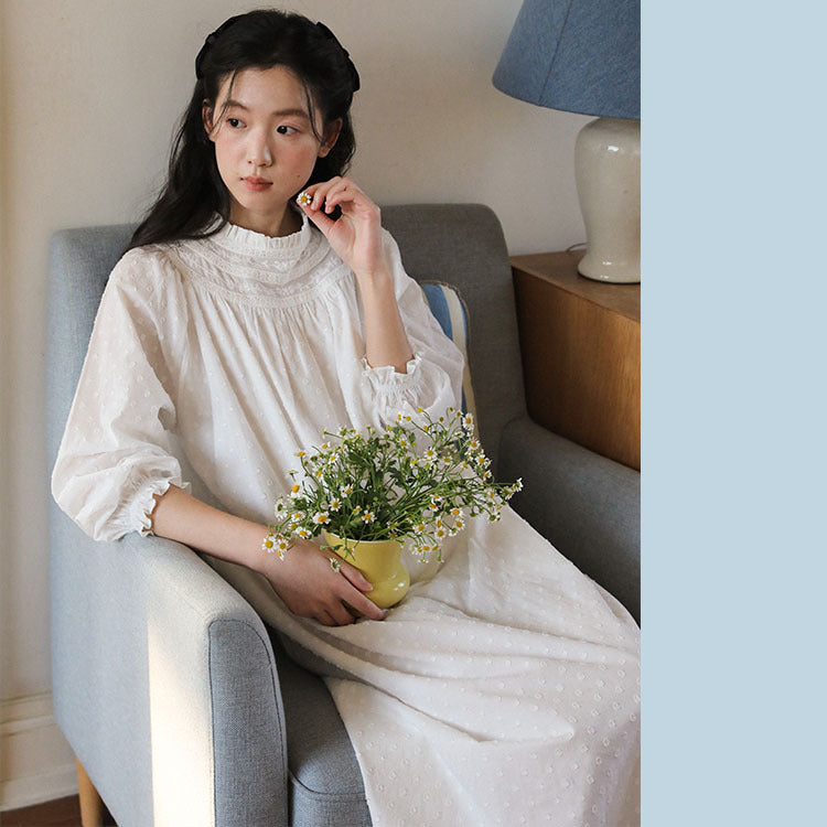 Retro Cotton Jacquard Long Sleeves Night Gown