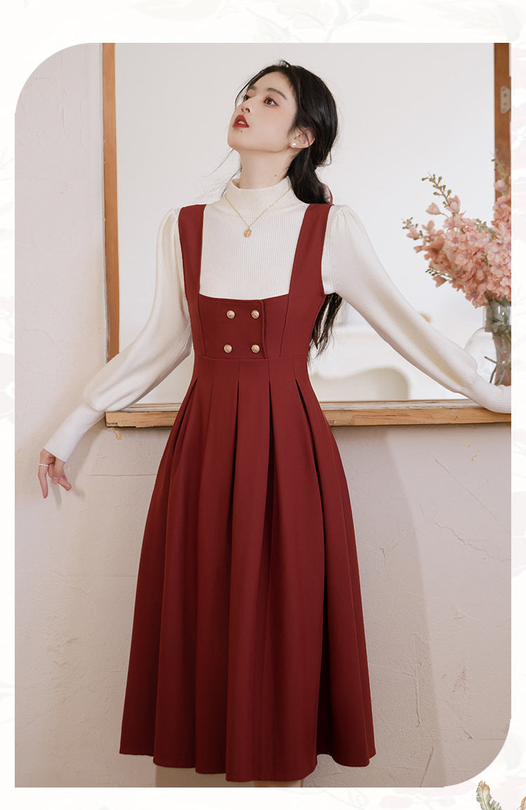 Retro librarian Knit top Pinafore Dress Set