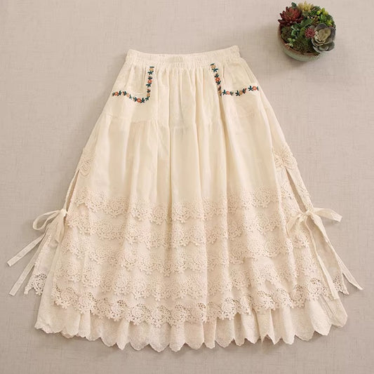 Mori Kei Embroidery Cotton Skirt