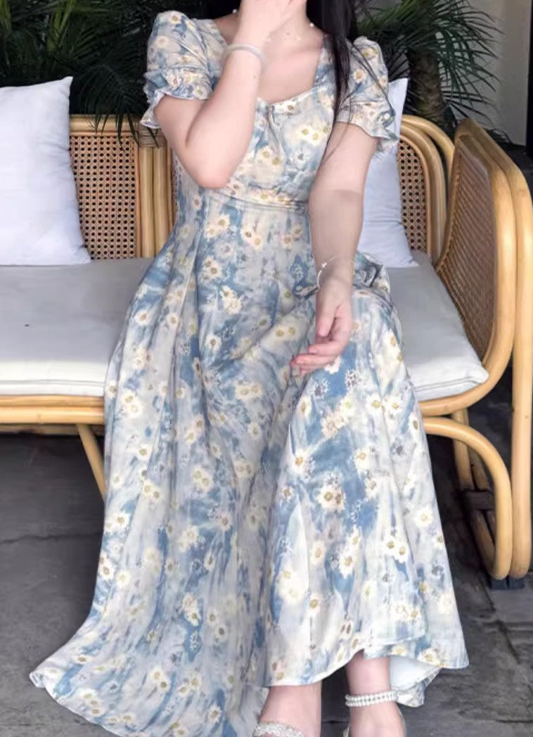 Retro Floral Puff Sleeves Dress [Extended Sizes]