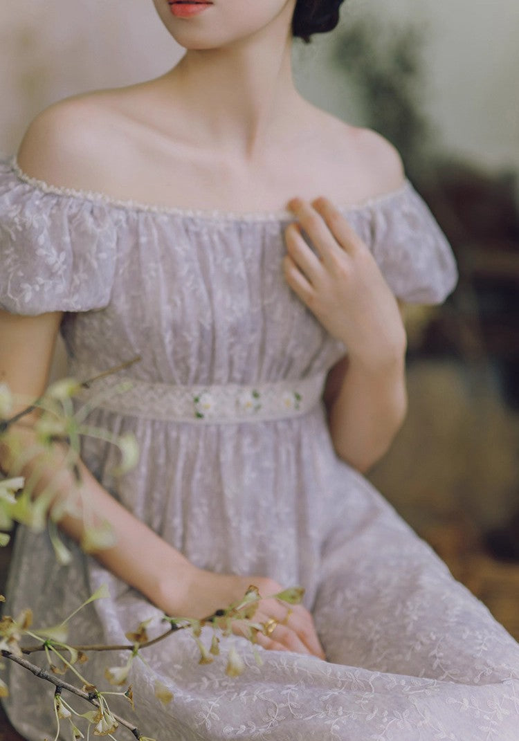 Regency Puff Sleeves Embroidery Dress