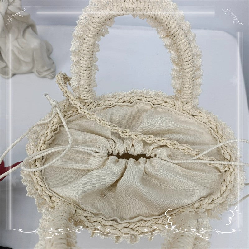 Retro Cottagecore Flower Embellished Straw Bag