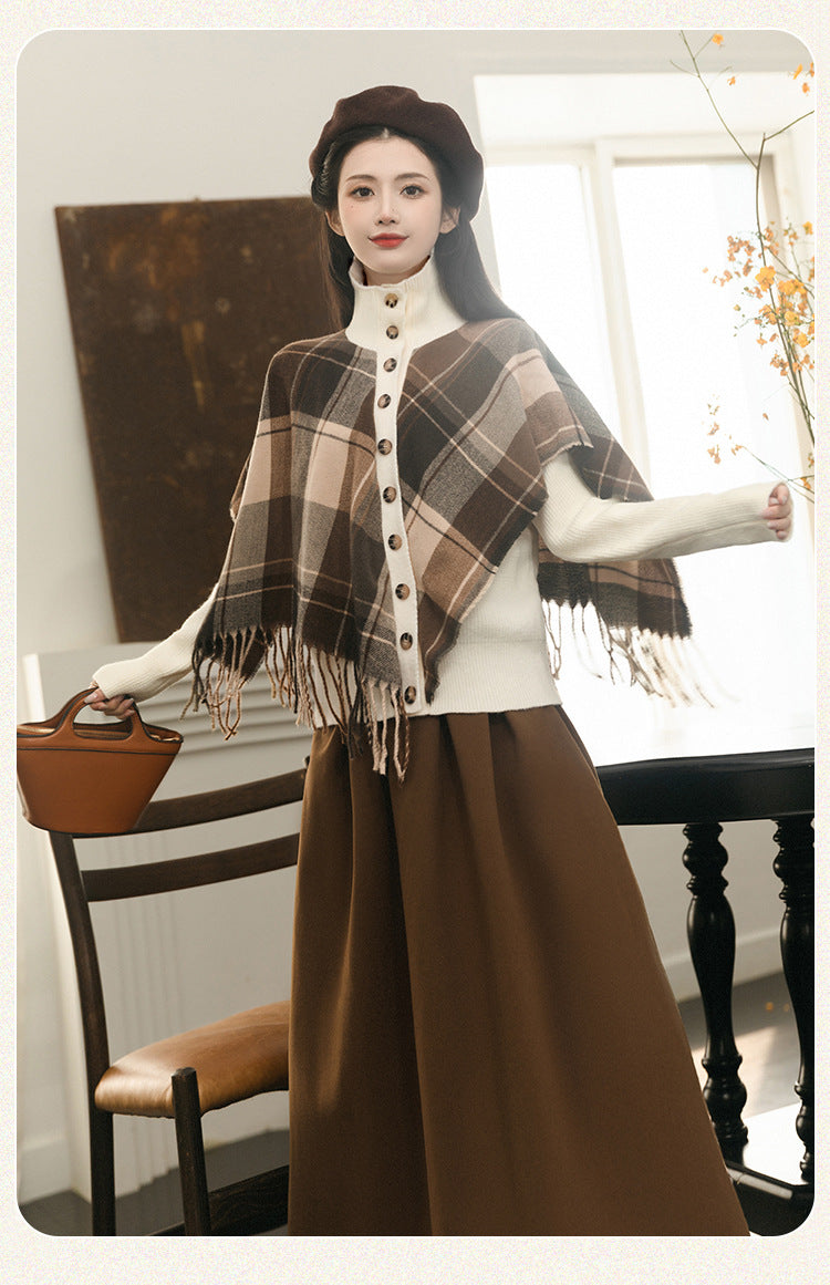 Retro Academia Plaid Cape Top & Skirt Set