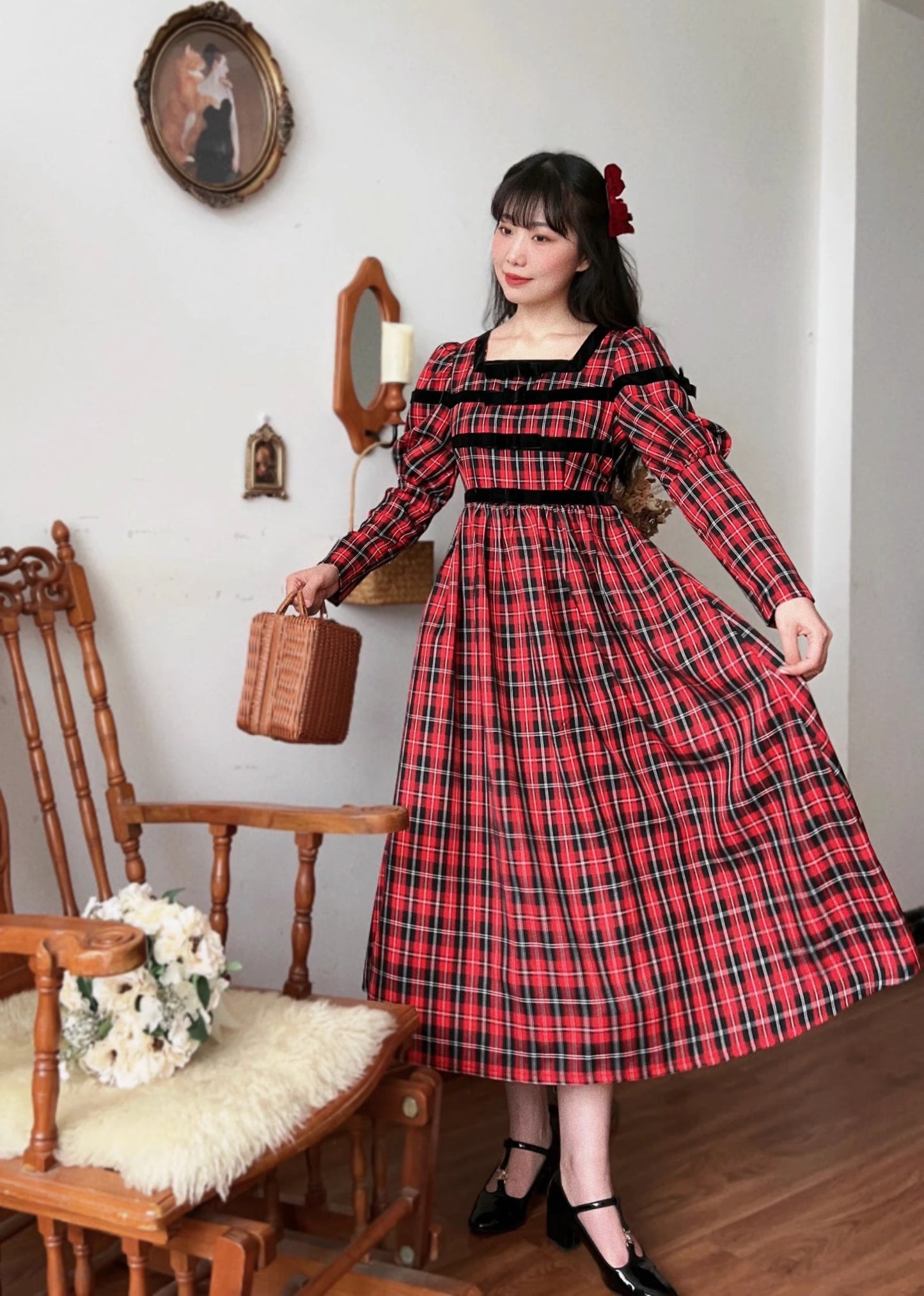 70s vintage dress Vintage 70s Tartan Puff Sleeves Dress L I Retro Fairy