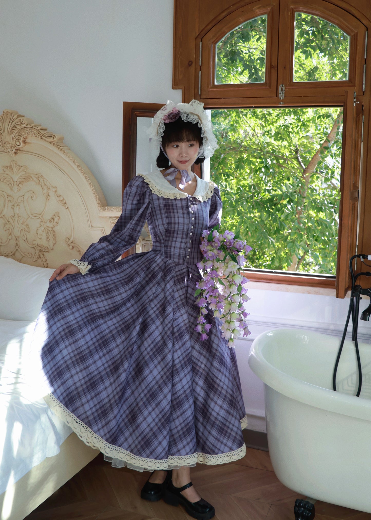 1970s Tartan Puff Sleeves Picnic Dress （Customizable）