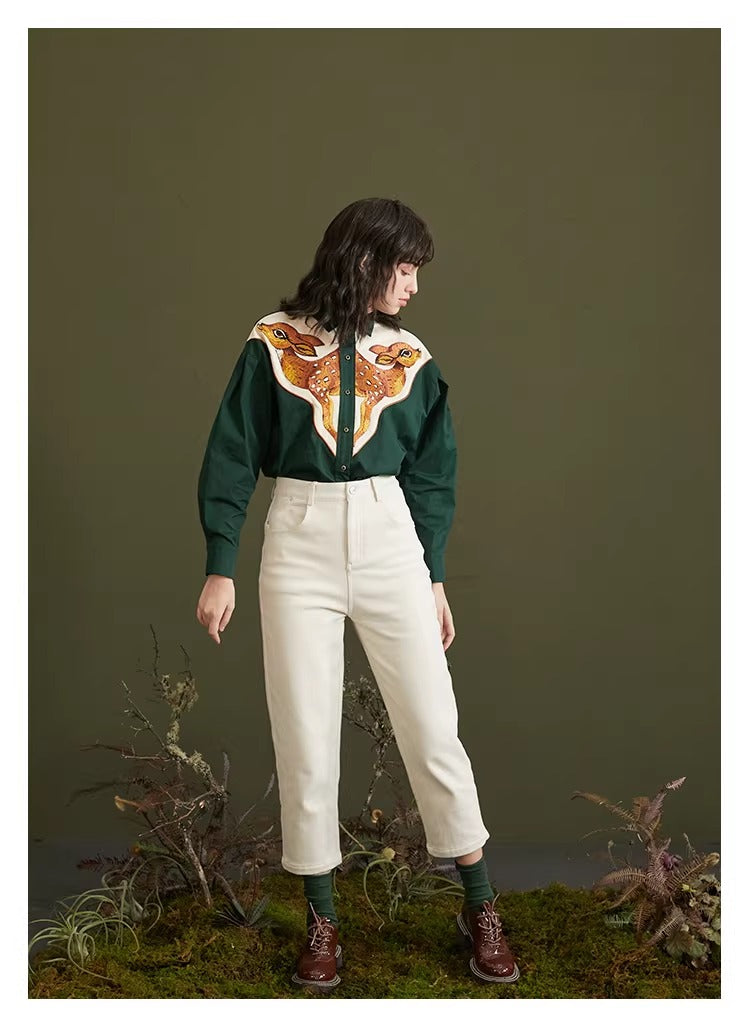 Retro Deer Embroidery Blouse Top