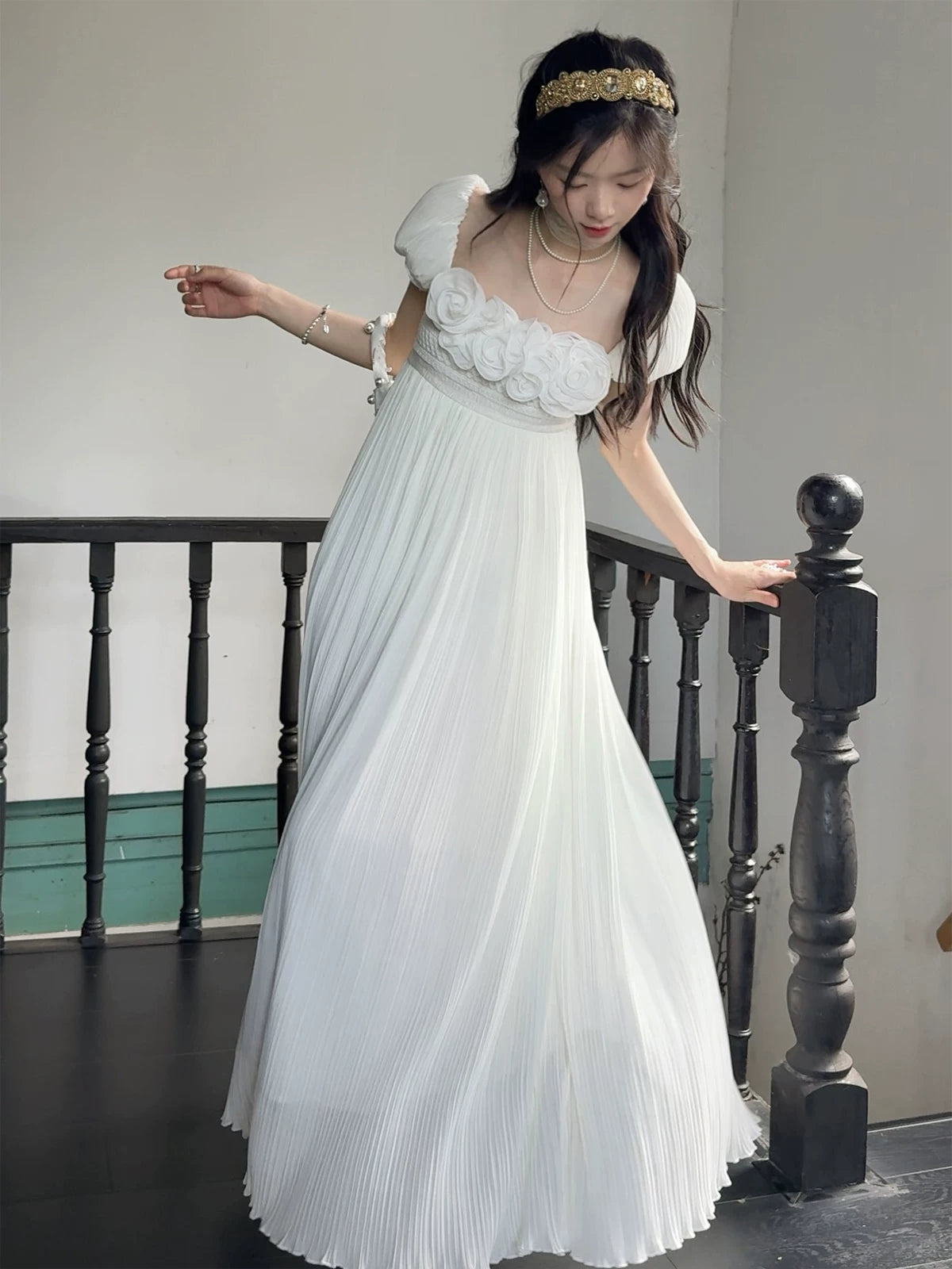 Regency Style Ruffled Pleated Dreamy Dress