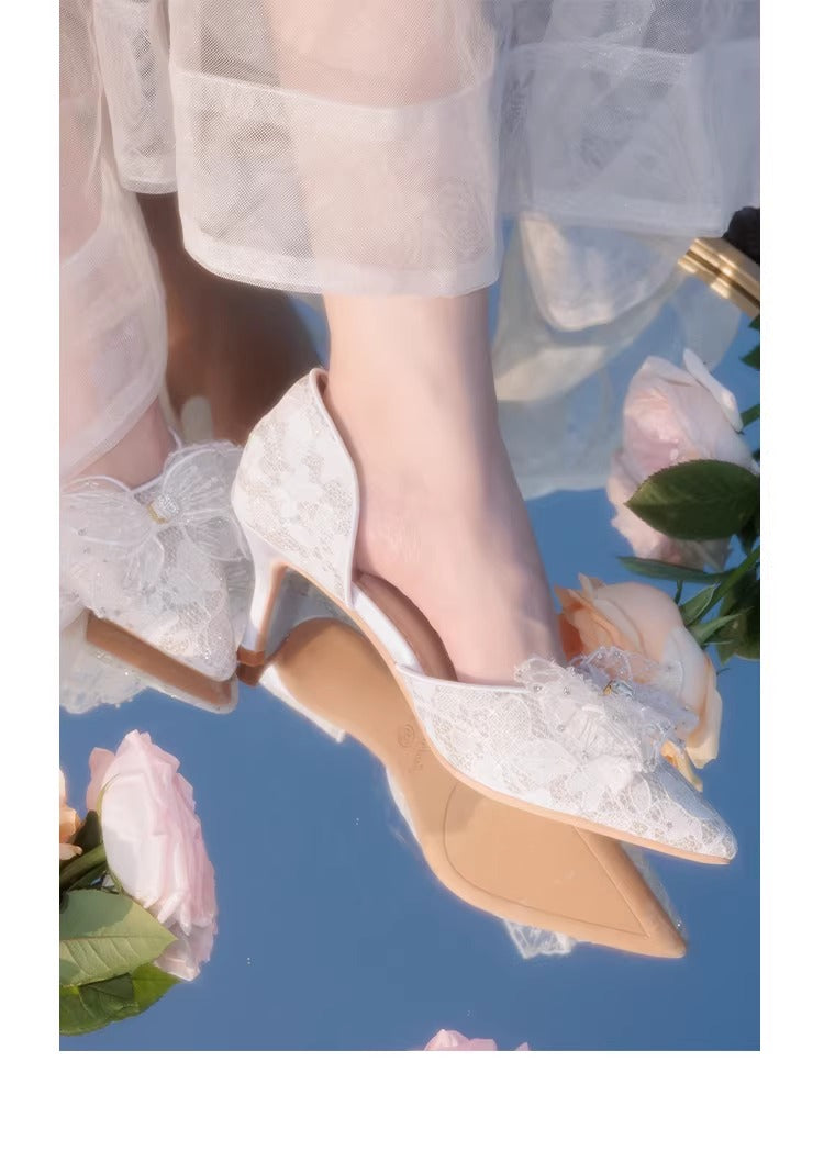 Dreamy Lace Bow Tie Pointed Toe Heels
