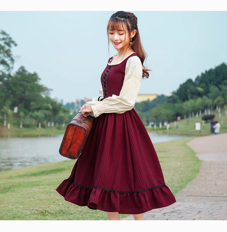 Cottagecore Lace up vintage cotton dress M / Dark Red I Retro Fairy Cottagecore Lace up vintage cotton dress M / Dark Red I Retro Fairy