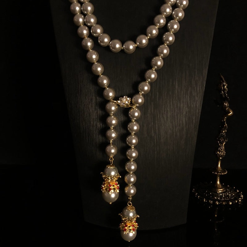 1900s Style Long Pearl Necklace & Earrings