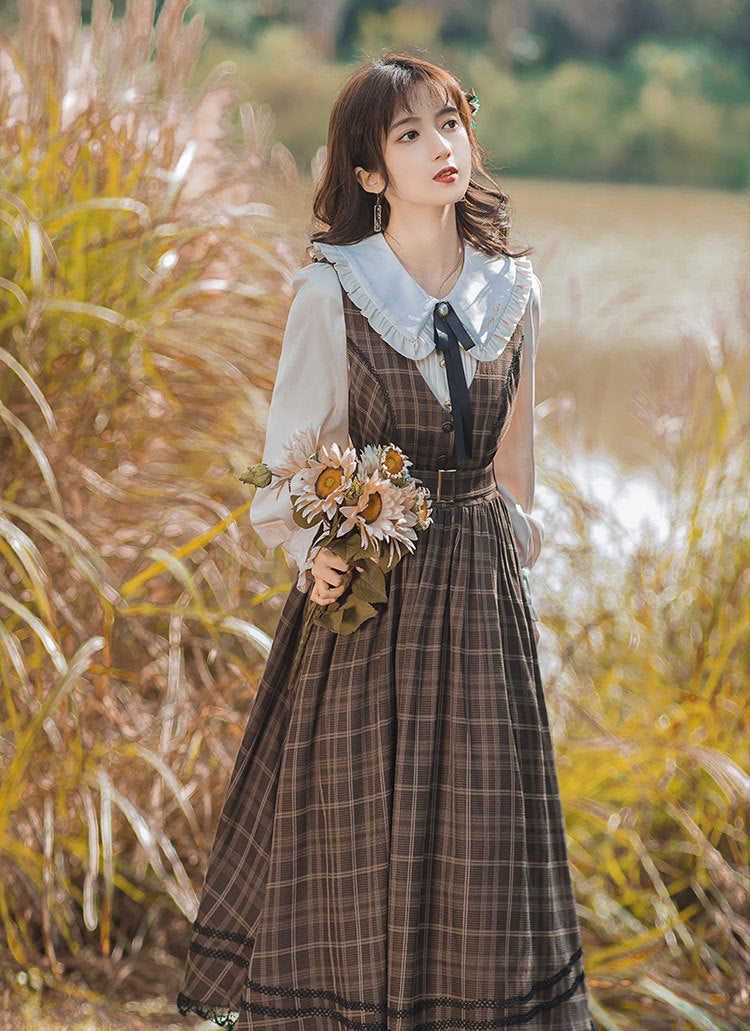 Vintage 50s Academia Blouse Plaid Dress Set XS I Retro Fairy