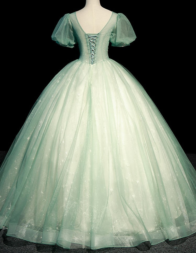 Handmade V Neck Studded Prom Dress Ball Gown