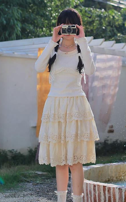 Vintage Knit top Lace Cake Skirt Set