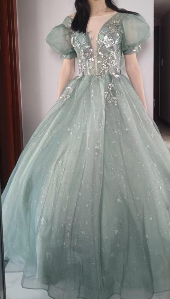 Handmade V Neck Studded Prom Dress Ball Gown