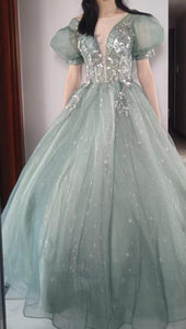 Handmade Fairycore V Neck Studded Prom Dress Ball Gown