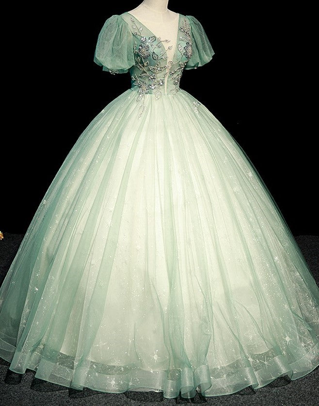 Handmade V Neck Studded Prom Dress Ball Gown S