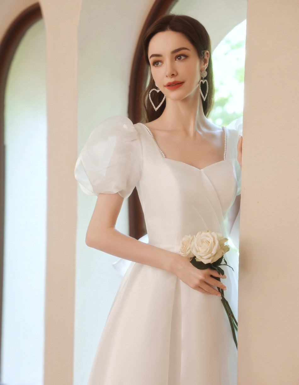 Retro Puff Sleeves Bow Tie Embellished Bridal Dress