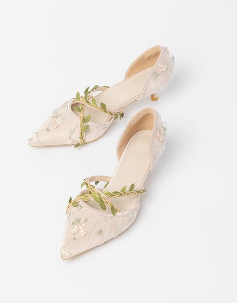 Fairycore Vine Embroidery Kitten Heel Shoes