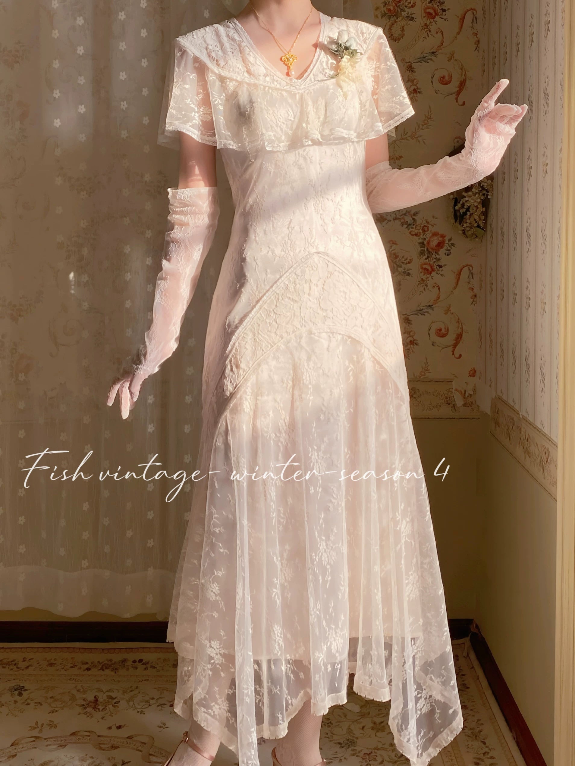 1920S Gatsby Style Lace Cape Dress