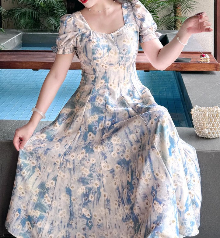 Retro Floral Puff Sleeves Dress [Extended Sizes]
