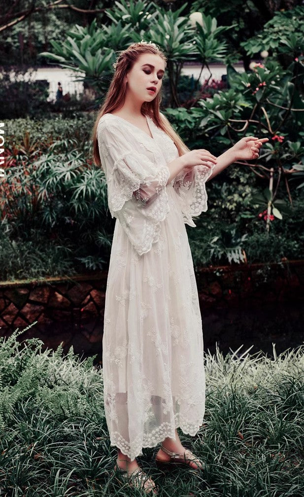 Fairycore V Neck Lace Dress – Retro Fairy