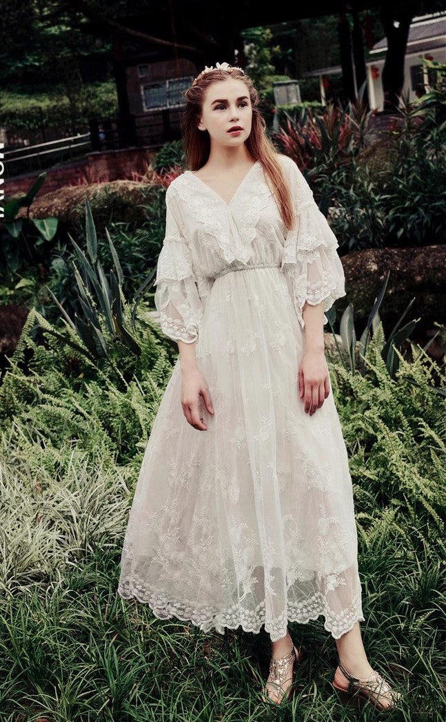 Fairycore V Neck Lace Dress – Retro Fairy