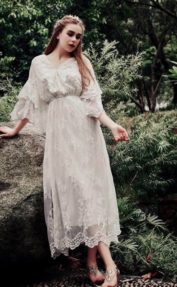 Fairycore V Neck Lace Dress M (Length- 51 inches/ 130cm) I Retro Fairy Fairycore V Neck Lace Dress M (Length- 51 inches/ 130cm) I Retro Fairy