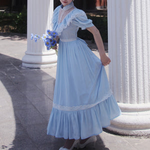 Gunne sax Style 70s Blue Prarie Short Sleeves Dress