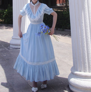 Gunne sax Style 70s Blue Prarie Short Sleeves Dress