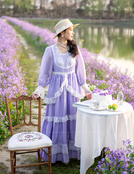 Gunne Sax Style Violet Lace Patchwork Swing Dress