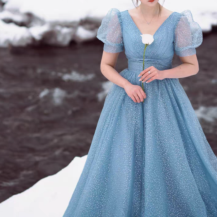 Retro Princess Puff Sleeves Starry Blue Prom Evening Dress XL I Retro Fairy Retro Princess Puff Sleeves Starry Blue Prom Evening Dress XL I Retro Fairy