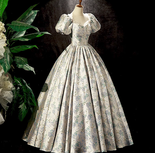 Handmade Princess Puff Sleeves Floral Prom Dress - Customize Size Handmade Princess Puff Sleeves Floral Prom Dress - Customize Size