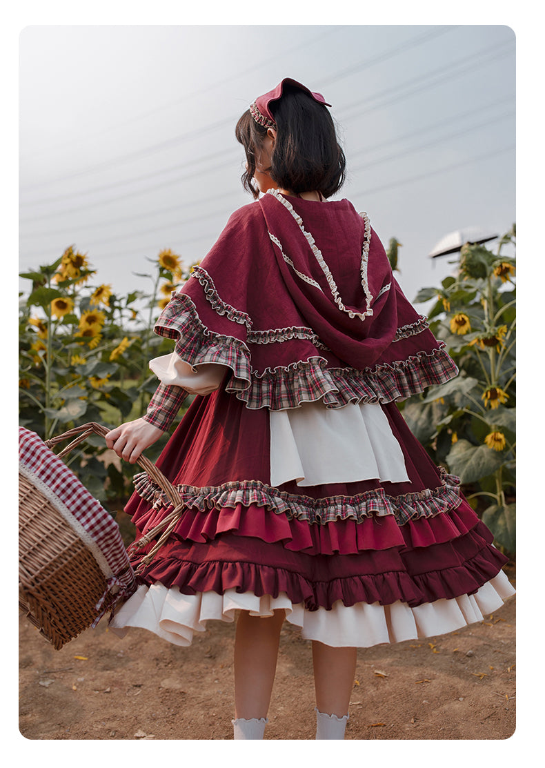 Cottagecore Red Dress Hooded Cape Set