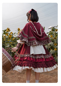 Cottagecore Lolita Style Vintage Red Dress Hooded Cape Set