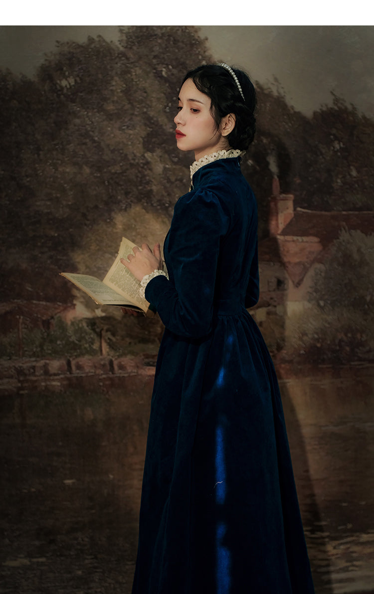 old fashioned dresses 1900 1900s Style Stand Collar Vintage Dress Dark Blue / L I Retro Fairy