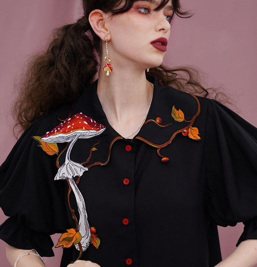 Cottagecore Mushroom Embroidery Blouse Top