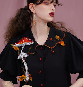 Cottagecore Mushroom Embroidery Blouse Top