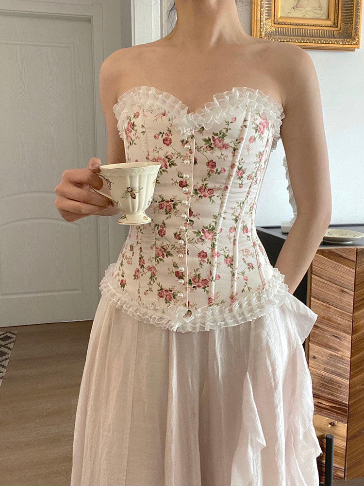 Vintage Floral Lace up Corset Top M