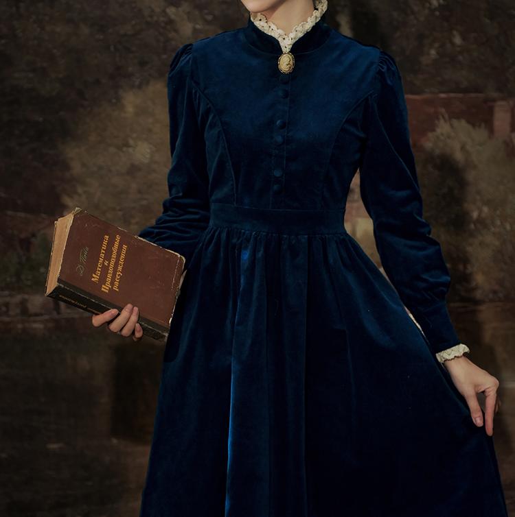 1900s Style Stand Collar Vintage Dress Dark Blue / L I Retro Fairy 1900s Style Stand Collar Vintage Dress Dark Blue / L I Retro Fairy