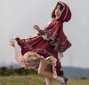 Cottagecore Lolita Style Vintage Red Dress Hooded Cape Set