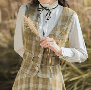 Retro Academia Plaid Blouse Vest Skirt Set