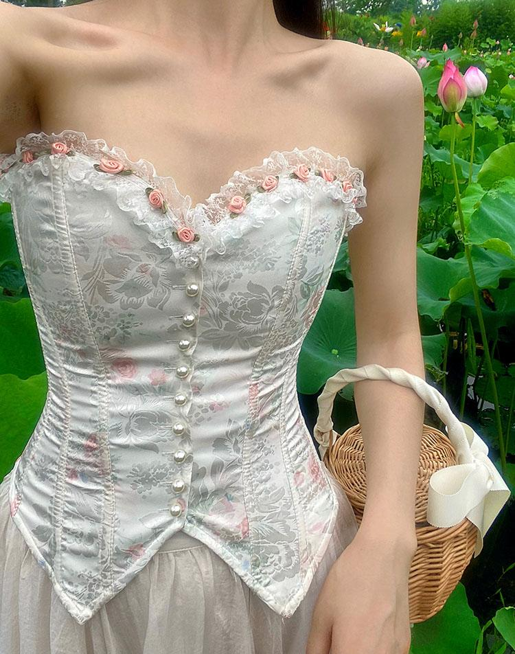 Vintage Reproduction Rose Lace Stitching Jacquard Corset Bustier Top