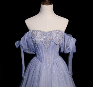 Handmade Retro Princess Puff Sleeves Studded Blue Prom Dress